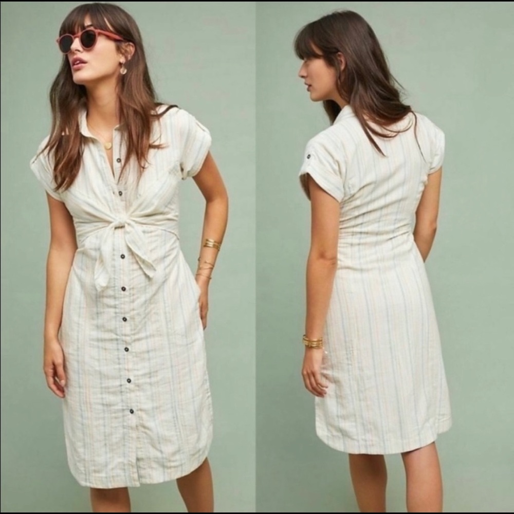 Anthro Maeve  Striped Tie-Front Shirtdress 14